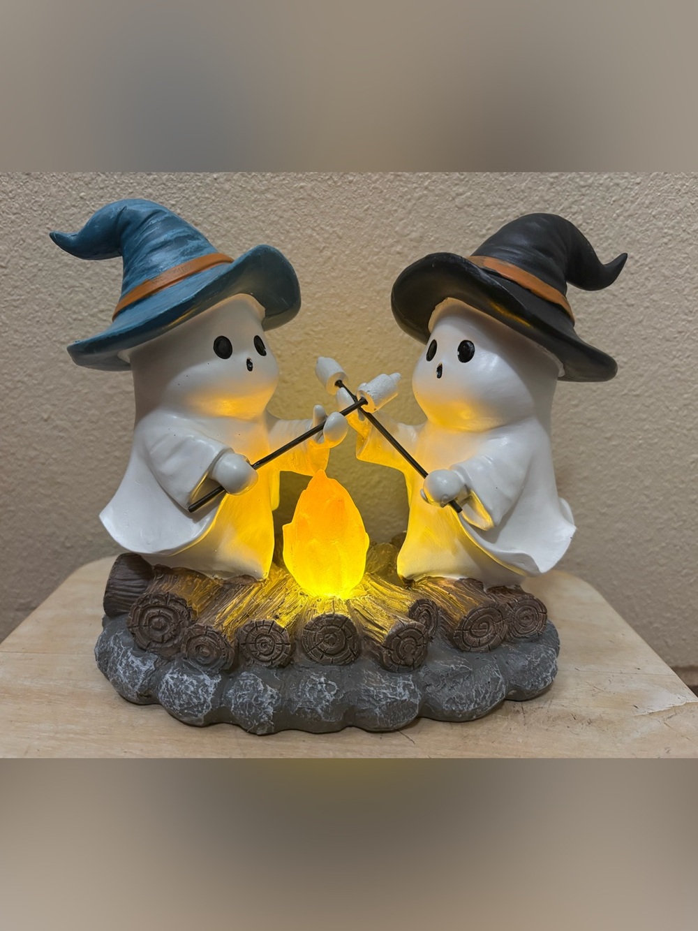 Ghoulish Ghosts roasting marshmallows light up Halloween figurine